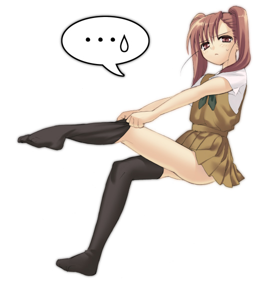 piyodera mucha, original, …, 1girl, asymmetrical clothes, black thighhighs, brown eyes, brown hair, dressing, feet, female focus, full body, legs, simple background, single thighhigh, solo, spoken sweatdrop, sweatdrop, thighhighs, twintails, white background