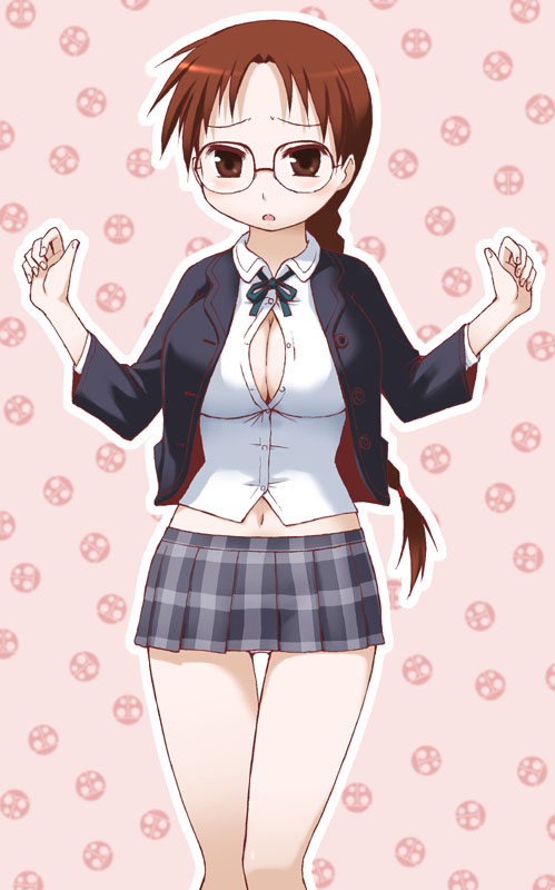 yuuki shin'ichi, hoshina tomoko, to heart, to heart (series), 1girl, breasts, cleavage, female focus, glasses, large breasts, open clothes, open shirt, shirt, solo