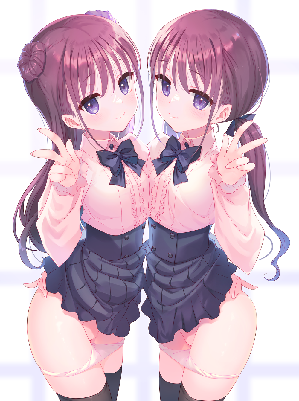 takei ooki, original, highres, 2girls, black bow, black skirt, black thighhighs, blush, bow, breasts, hair bun, high-waist skirt, long hair, long sleeves, looking at viewer, multiple girls, panties, panty pull, pink shirt, purple eyes, purple hair, shirt, siblings, skirt, small breasts, smile, thighhighs, twins, twintails, underwear, v, white panties