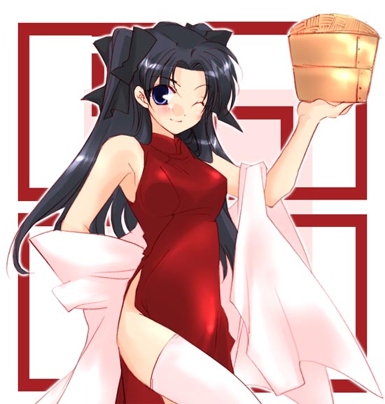 tohsaka rin, fate/stay night, fate (series), 00s, 1girl, bamboo steamer, china dress, chinese clothes, dress, female focus, solo, thighhighs, two side up