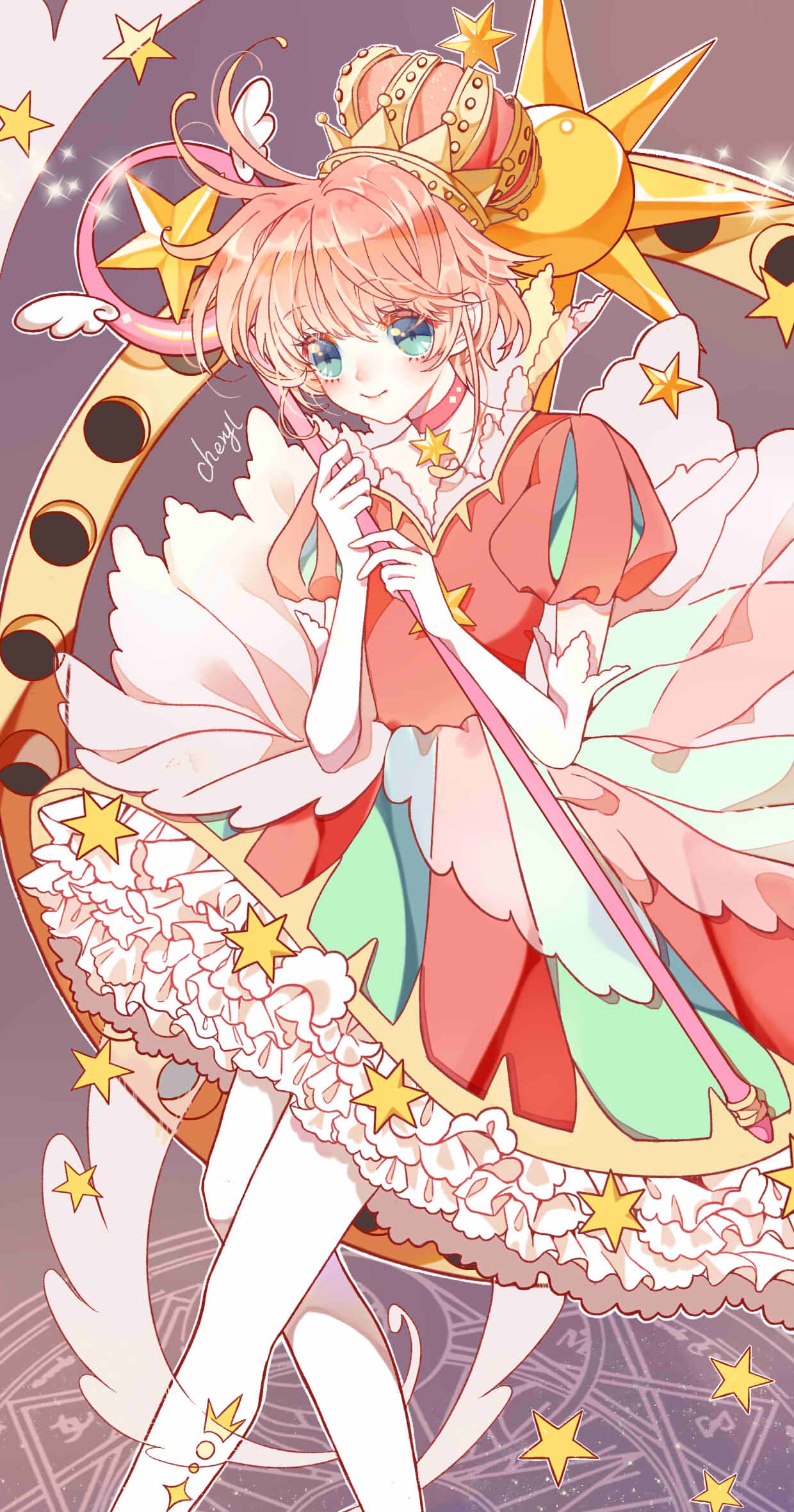 kinomoto sakura, cardcaptor sakura, highres, 1girl, antenna hair, aqua eyes, brown background, cheryl qaq, choker, closed mouth, crown, dress, elbow gloves, eyelashes, feet out of frame, frilled dress, frills, gloves, hair between eyes, happy, holding, holding staff, looking ahead, magic circle, magical girl, medici collar, orange hair, outline, pantyhose, pink choker, puffy short sleeves, puffy sleeves, red crown, red dress, short dress, short hair, short sleeves, sidelocks, signature, smile, solo, sparkle, staff, star (symbol), star choker, star wand, sun symbol, white gloves, white outline, white pantyhose, winged wand
