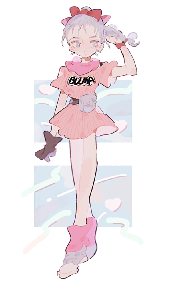 ronoh (jill), bulma, dragon ball, dragon ball (classic), 1girl, blue eyes, blue hair, bow, braid, braided ponytail, character name, dress, full body, hair bow, hand in own hair, long hair, orange dress, pink scarf, pink socks, red bow, scarf, single braid, socks, solo, white background, wristband