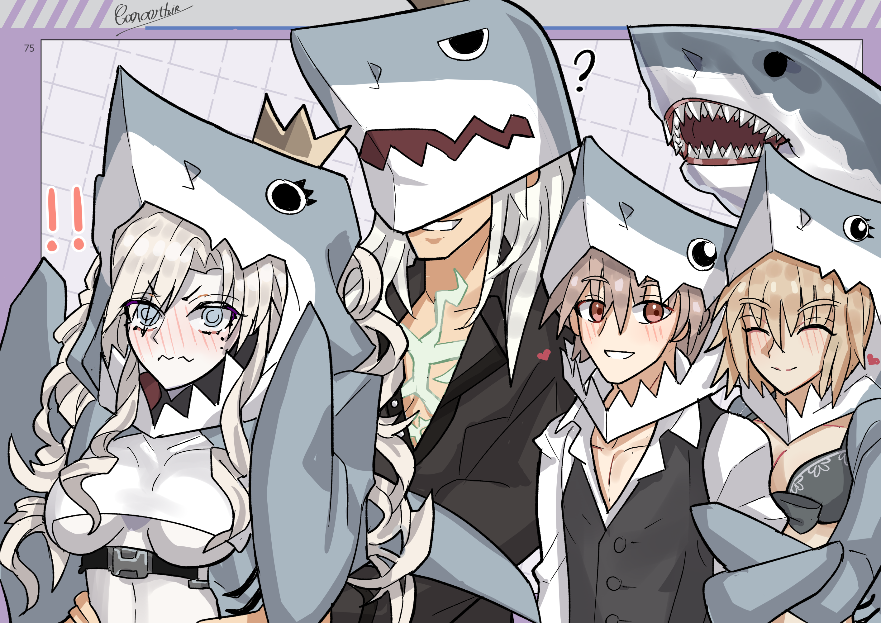 caravthir, jeanne d'arc (fate), jeanne d'arc (swimsuit archer) (fate), jeanne d'arc (swimsuit archer) (first ascension) (fate), kriemhild (fate), kriemhild (swimsuit) (fate), sieg (fate), siegfried (fate), siegfried (super cool biz) (fate), fate/apocrypha, fate/grand order, fate (series), highres, 2boys, 2girls, animal costume, animal hood, arm hug, bikini, black bikini, blue eyes, blush, breasts, cleavage, closed mouth, glowing scar, grey hair, hair between eyes, hood, husband and wife, kriemhild (swimsuit rider) (second ascension) (fate), large breasts, long hair, looking at viewer, mole, mole under eye, multiple boys, multiple girls, pale skin, quick shirt, red eyes, shark costume, shark mask, short hair, smile, swimsuit, torso grab