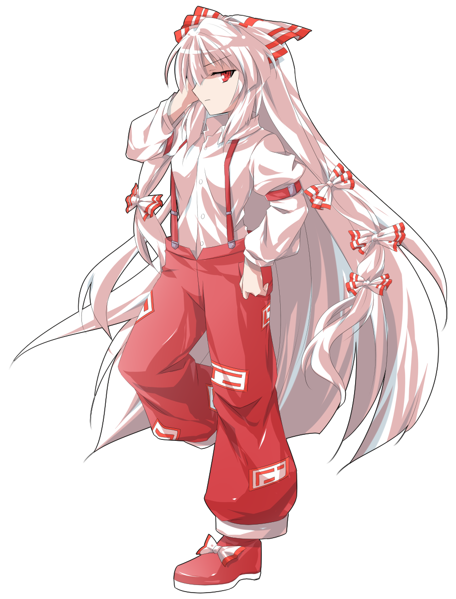 dairi, fujiwara no mokou, touhou, commentary request, highres, large variant set, variant set, 1girl, baggy pants, bow, buttons, collared shirt, footwear bow, full body, hair bow, long hair, long sleeves, ofuda, pants, red pants, red shoes, ribbon, shirt, shoes, solo, standing, standing on one leg, suspenders, sweatdrop, tachi-e, torn clothes, transparent background, very long hair, white bow, white hair, white shirt