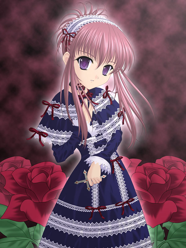 masakichi (crossroad), chikage (sister princess), sister princess, 00s, 1girl, brown background, cross, female focus, goth fashion, latin cross, lolita fashion, purple hair, simple background, solo, symbol-shaped pupils