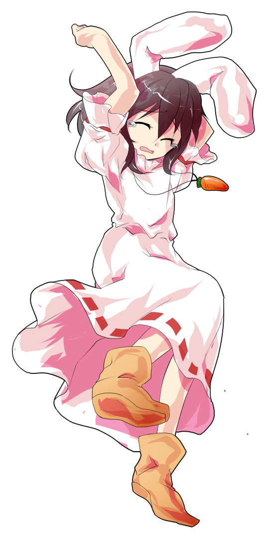 dairi, inaba tewi, touhou, commentary request, large variant set, variant set, 1girl, alphes (style), animal ears, arms up, black hair, carrot, carrot necklace, closed eyes, dress, full body, jewelry, medium hair, necklace, open mouth, parody, pendant, puffy sleeves, rabbit ears, ribbon-trimmed clothes, ribbon trim, short sleeves, smile, solo, style parody, tachi-e, tearing up, transparent background, white dress