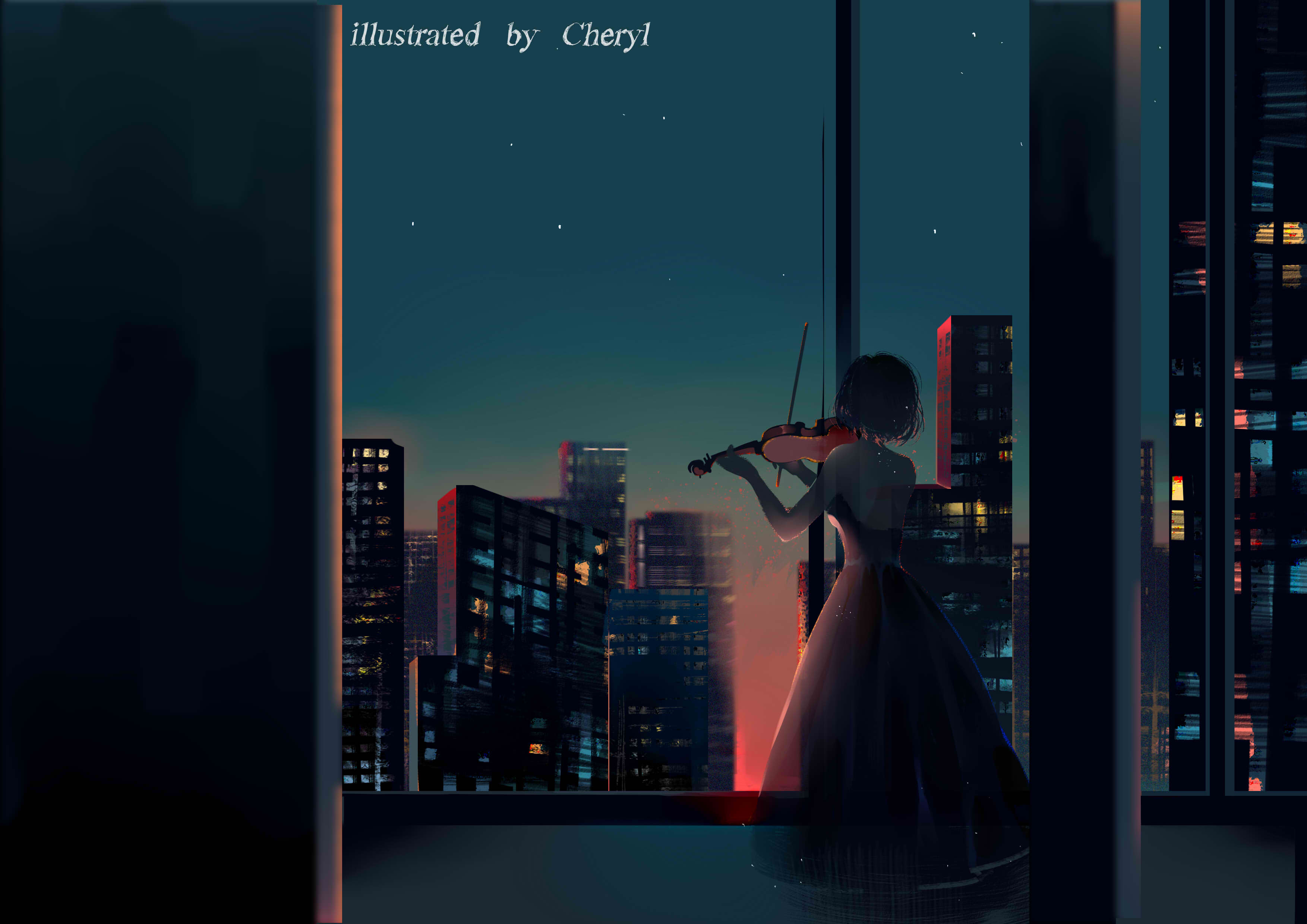 original, absurdres, highres, 1girl, backless dress, backless outfit, bare arms, bare back, bare shoulders, black dress, black hair, blue sky, bow (music), building, cheryl qaq, city, dress, feet out of frame, from behind, gradient sky, holding, holding bow (music), holding instrument, holding violin, indoors, instrument, long dress, music, orange sky, playing instrument, pleated dress, short hair, shoulder blades, sky, skyscraper, solo, star (sky), starry sky, strapless, strapless dress, twilight, violin, window