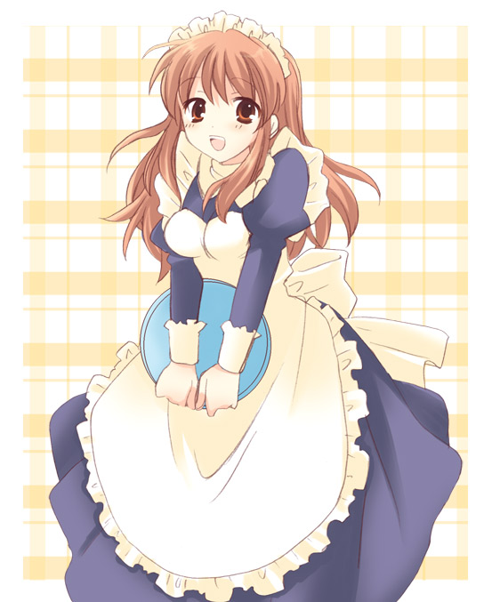 yuuma (omaeno meinichi), asahina mikuru, suzumiya haruhi no yuuutsu, 00s, 1girl, brown eyes, female focus, maid, orange hair, plaid background, smile, solo, tray