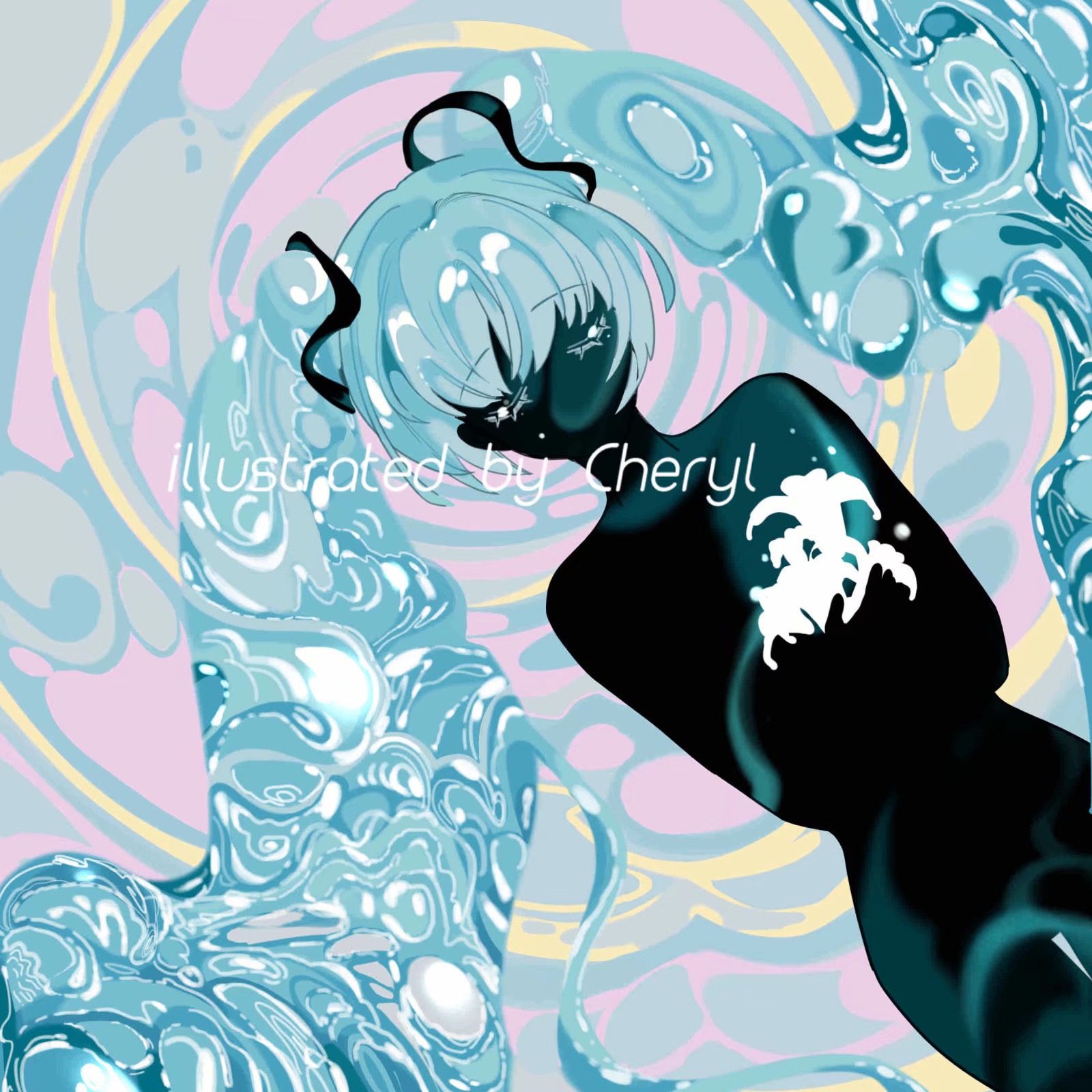 hatsune miku, vocaloid, highres, abstract, absurdly long hair, aqua hair, black ribbon, black skin, cheryl qaq, closed eyes, colored skin, completely nude, grey background, hair ribbon, hair spread out, long hair, lying, no mouth, nude, on back, pink background, ribbon, ripples, twintails, two-tone background, very long hair