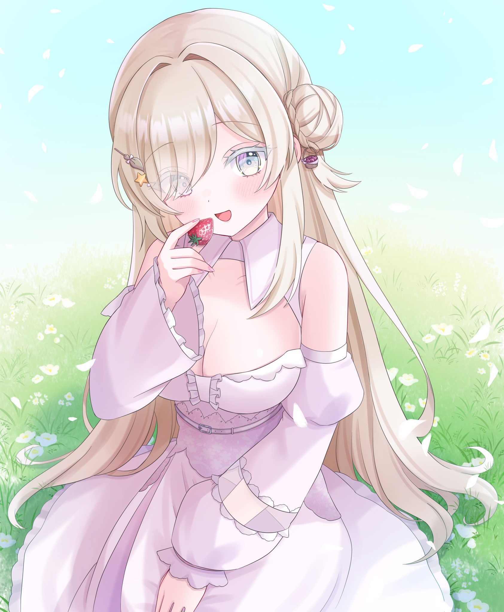 rimeko, indie virtual youtuber, commission, highres, skeb commission, 1girl, bare shoulders, blonde hair, breasts, bun with braided base, cleavage cutout, clothing cutout, detached sleeves, diphylleia suclair, dress, eyes visible through hair, food, fruit, grass, grey eyes, hair bun, hair ornament, hand to own mouth, large breasts, long hair, long sleeves, looking at viewer, on grass, one eye closed, open mouth, single side bun, sitting, solo, strawberry, virtual youtuber, white dress, white sleeves