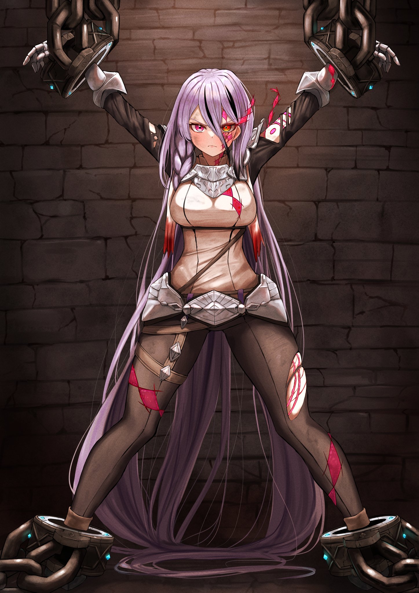 triangle del, fleurdelis (yu-gi-oh!), yu-gi-oh!, highres, 1girl, black pantyhose, breasts, duel monster, full body, indoors, large breasts, long hair, pantyhose, purple hair, red eyes, restrained, shirt, solo, standing, torn clothes, torn pantyhose, white shirt