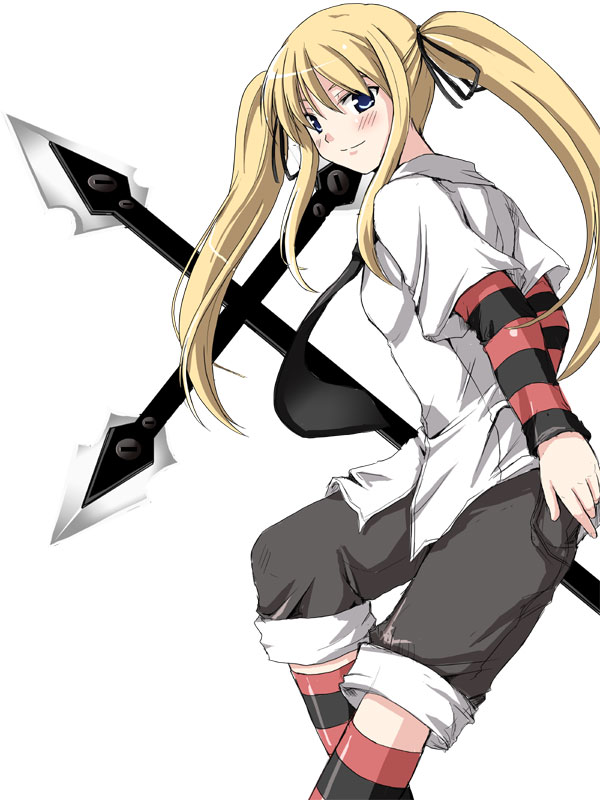 nekonote (nekono paraiso), original, striped legwear, 1girl, blonde hair, blue eyes, blush, female focus, long hair, long sleeves, looking at viewer, shirt, shorts, simple background, smile, solo, striped clothes, striped sleeves, striped thighhighs, thighhighs, twintails, very long hair, weapon, white background, white shirt