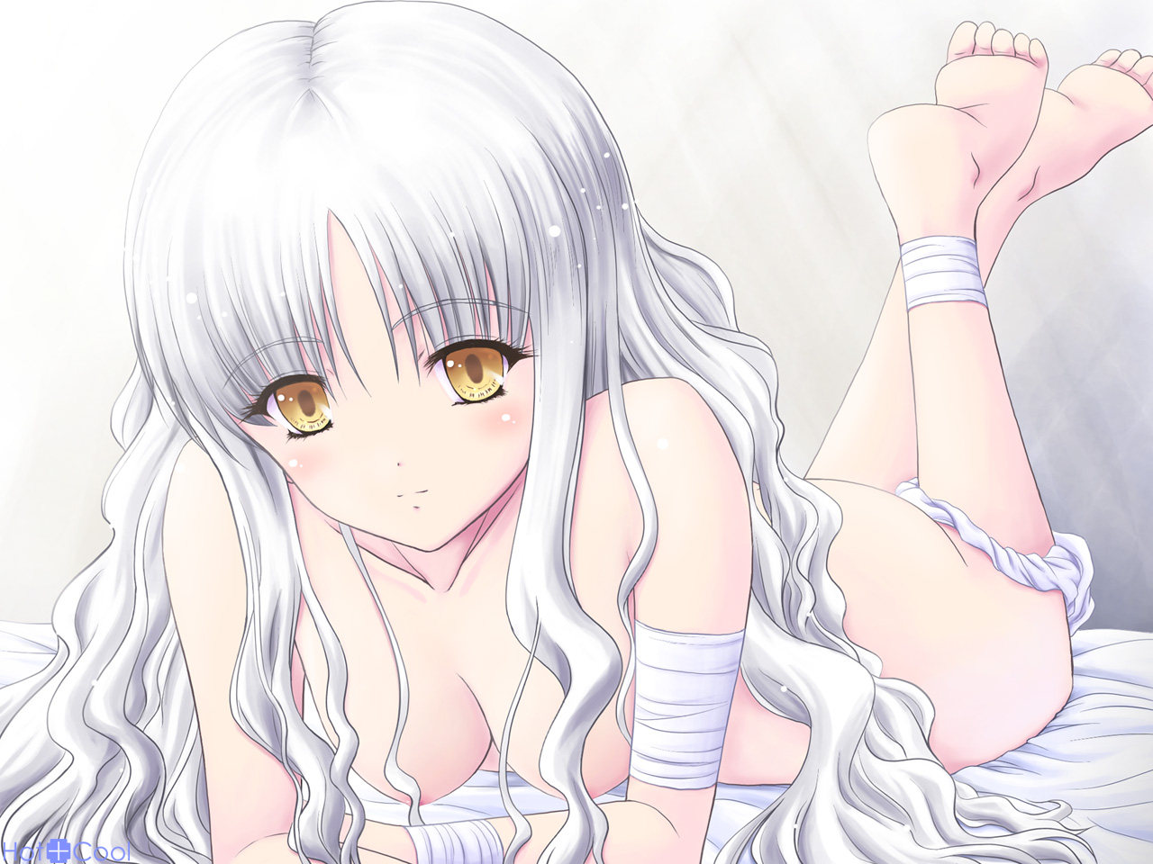 hotincool, caren hortensia, fate/hollow ataraxia, fate/stay night, fate (series), 00s, 1girl, barefoot, breasts, feet, female focus, long hair, looking at viewer, nipples, nude, panties, panties around leg, small breasts, solo, underwear