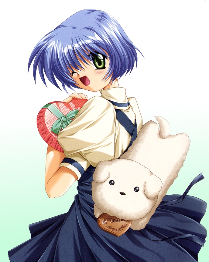 hinoue itaru, kirishima kano, potato (air), air (visual novel), official art, 00s, 1girl, candy, chocolate, chocolate heart, dog, food, heart, potato, school uniform, serafuku, valentine