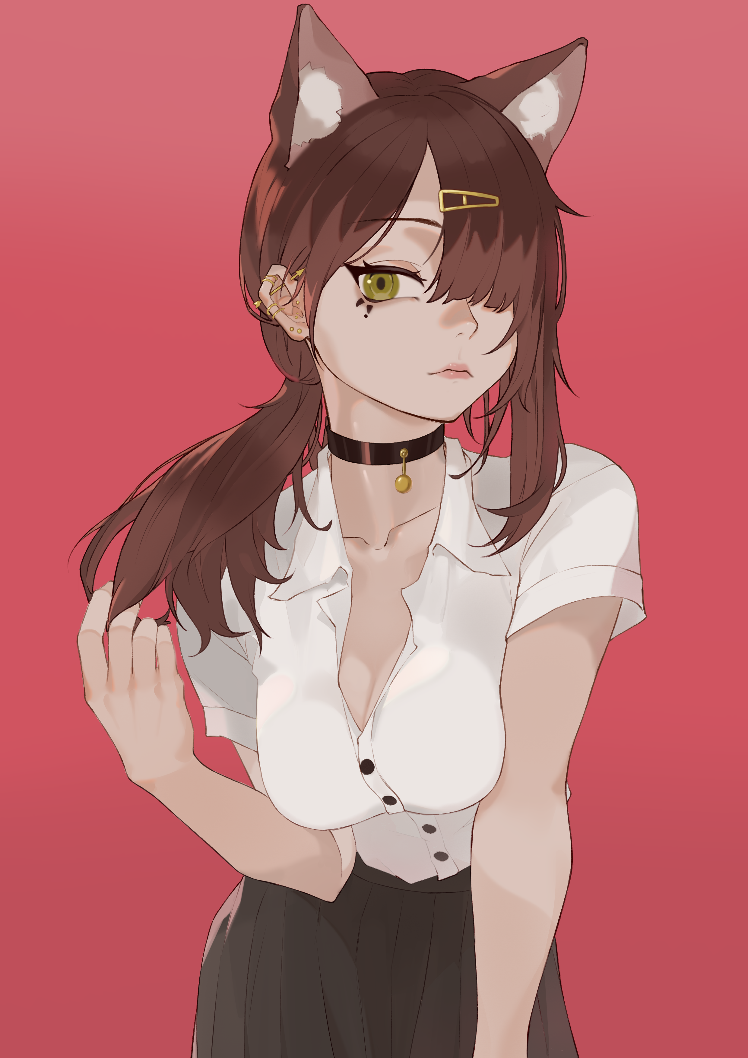 user hrcf4452, original, absurdres, highres, 1girl, animal ear fluff, animal ears, barbell piercing, black choker, black skirt, breasts, brown hair, choker, cleavage, closed mouth, collared shirt, ear piercing, earrings, fox, fox ears, fox girl, green eyes, hair over one eye, industrial piercing, jewelry, leaning forward, long hair, long sleeves, medium breasts, multiple piercings, one eye covered, piercing, pink background, shirt, short sleeves, simple background, skirt, solo, stud earrings, white shirt