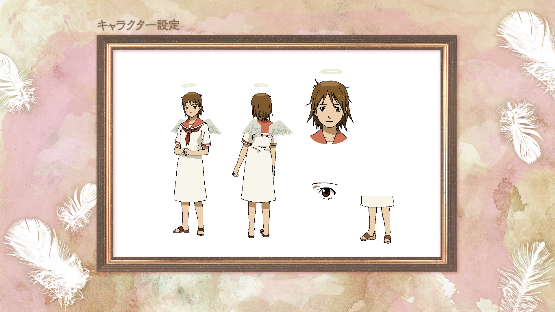 rakka (haibane), haibane renmei, artist request, highres, official art, third-party source, 1girl, angel, border, brown border, brown eyes, brown hair, brown neckerchief, brown sailor collar, brown sandals, closed mouth, dress, feathered wings, feathers, grey wings, halo, jaggy lines, looking at viewer, medium dress, multiple views, neckerchief, ornate border, pink border, production art, reference sheet, sailor collar, sailor dress, sandals, short hair, short sleeves, simple background, traditional halo, unkempt, white background, white dress, white feathers, wings, yellow halo
