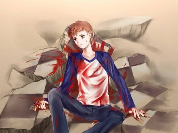 emiya shirou, fate/stay night, fate (series), 00s, 1boy, blood, empty eyes, male focus, raglan sleeves, solo