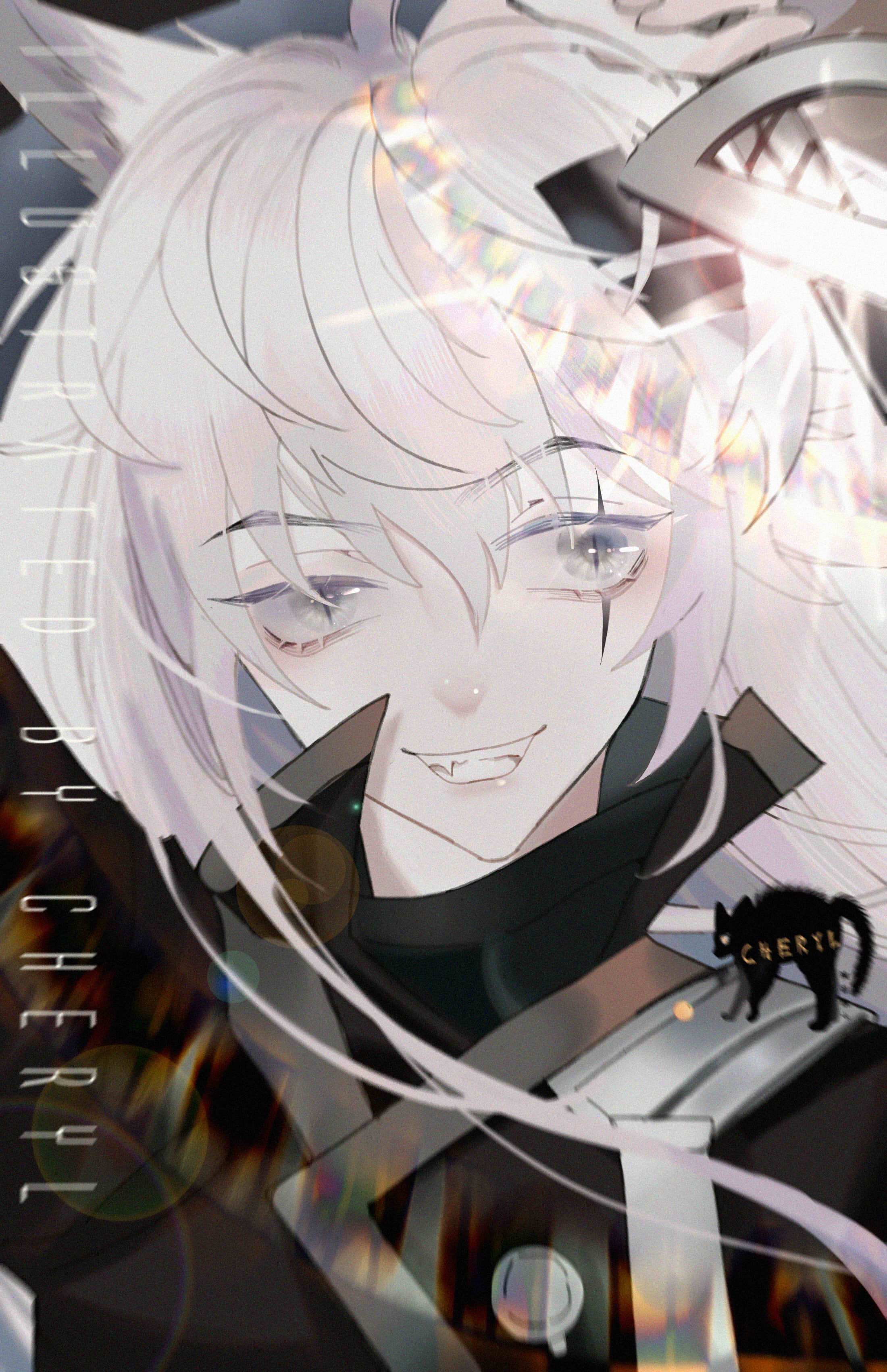 lappland (arknights), arknights, absurdres, highres, 1girl, animal ears, artist name, black jacket, buttons, cheryl qaq, collared jacket, crazy, crazy eyes, eyelashes, fang, fangs, floating hair, grey eyes, grin, hair between eyes, high collar, jacket, lens flare, light particles, long hair, scar, scar across eye, scar on face, slit pupils, smile, solo, upper body, very long hair, watermark, white hair, wind, wolf ears