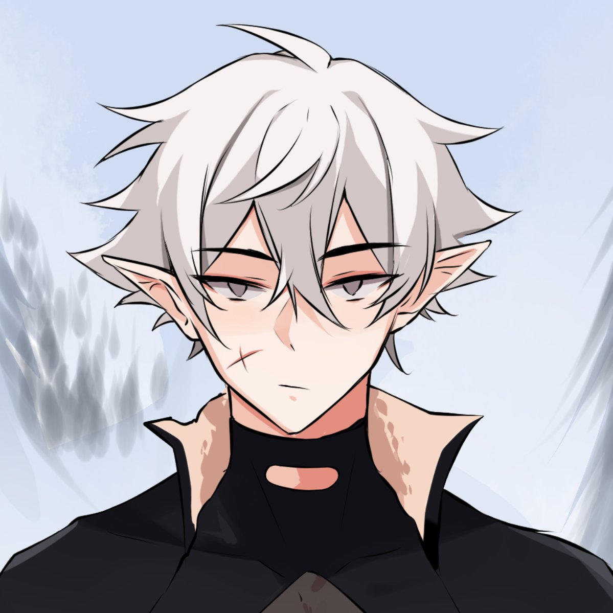 elfboiii, commentary, english commentary, 1boy, 1hp club, :/, ahoge, black capelet, capelet, crew neck, cross scar, crossed bangs, double-parted bangs, fur trim, hair between eyes, looking at viewer, male focus, obi (1hp club), pointy ears, portrait, scar, scar on face, see-through cleavage, see-through clothes, short hair, solo, white eyes, white hair