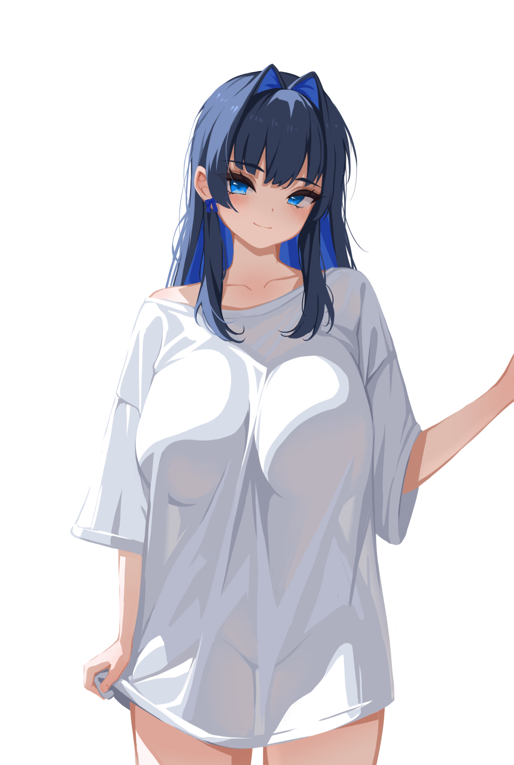 sansha art, ouro kronii, hololive, hololive english, commentary, highres, 1girl, black hair, blue eyes, blue hair, bow, bow earrings, breasts, colored inner hair, cowboy shot, earrings, hair intakes, huge breasts, jewelry, looking at viewer, multicolored hair, naked shirt, official alternate hair length, official alternate hairstyle, oversized clothes, oversized shirt, see-through silhouette, shirt, sidelocks, simple background, smile, solo, straight-on, t-shirt, three-quarter sleeves, virtual youtuber, white background, white shirt, wide sleeves