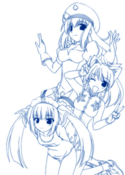 chogenbo musasiya, hana, musashiya chougenbou, arin (pangya), hana (pangya), kooh (pangya), pangya, 3girls, beret, blue theme, hat, monochrome, multiple girls