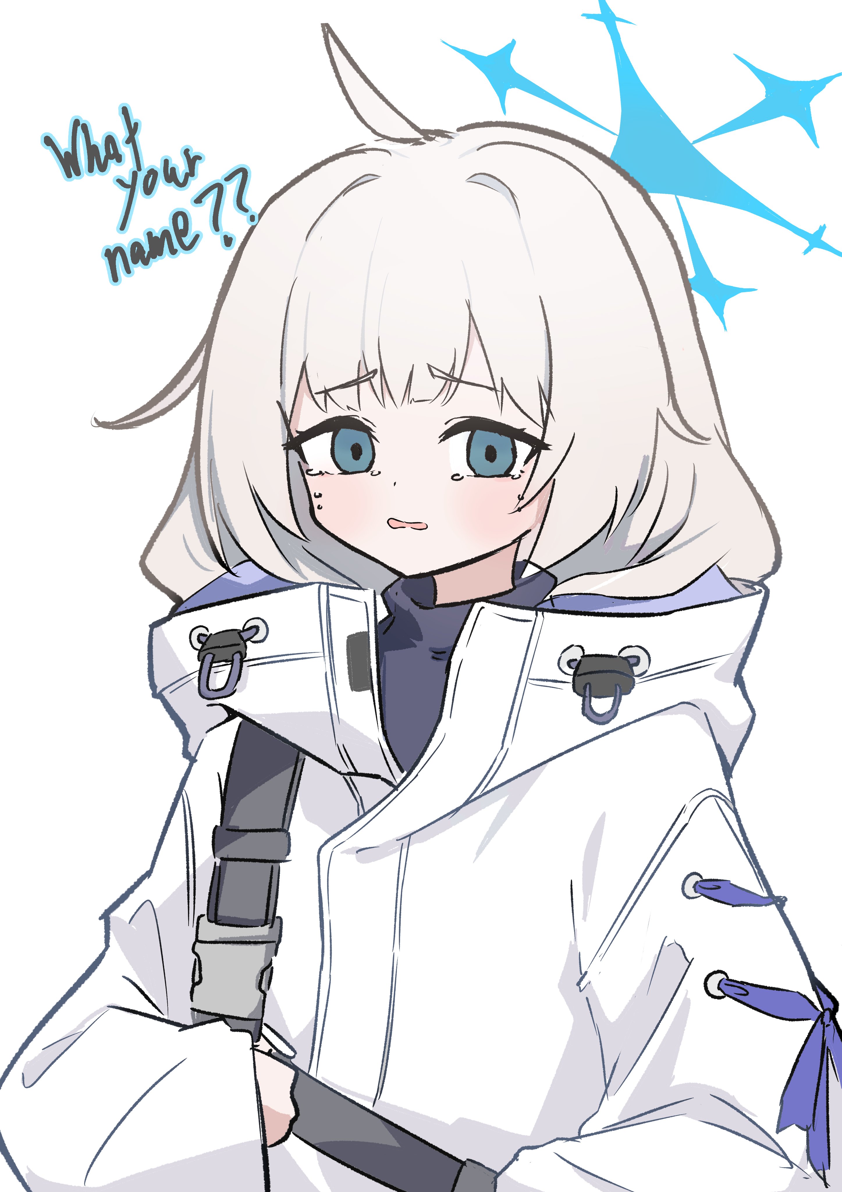 blue archive, absurdres, character request, commentary request, highres, 1girl, a-dwolf, ahoge, black sweater, blue eyes, blue halo, blush, english text, halo, jacket, looking at viewer, open mouth, simple background, solo, sweater, tearing up, upper body, white background, white hair, white jacket