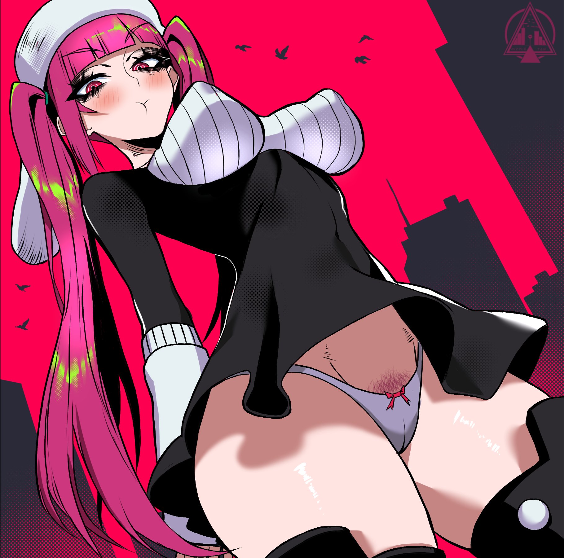 dizzle, dokugamine riruka, bleach, bleach: sennen kessen-hen, 1girl, arms behind back, artist logo, blush, boots, breasts, colored pubic hair, dress, female focus, female pubic hair, hat, logo, medium breasts, panties, pubic hair, purple eyes, purple hair, purple pubic hair, shiny skin, smug, solo, standing, thigh boots, twintails, underwear, white panties
