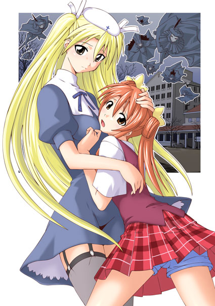 mikagami sou, sakura mei, takane d goodman, mahou sensei negima!, 00s, plaid clothes, plaid skirt, shorts, skirt