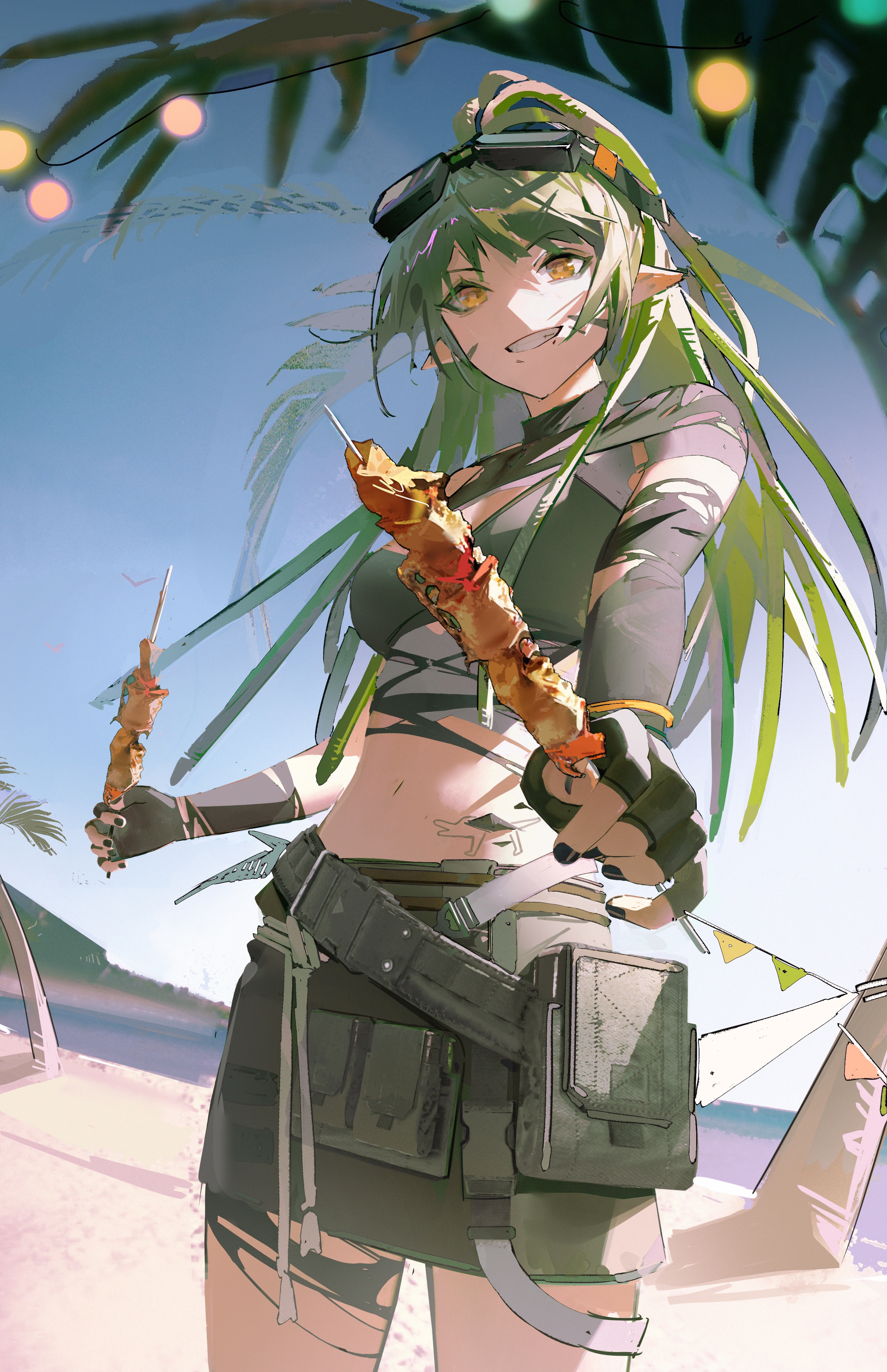lyooo 6, gavial (arknights), gavial the invincible (arknights), arknights, absurdres, chinese commentary, commentary request, highres, 1girl, beach, black gloves, black nails, bracelet, crocodile, crocodilian, crop top, elbow gloves, feet out of frame, food, gloves, goggles, goggles on head, green hair, green skirt, grin, holding, holding skewer, jewelry, long hair, looking at viewer, material growth, navel, oripathy lesion (arknights), outdoors, palm tree, pointy ears, pouch, sand, shish kebab, skewer, skirt, smile, solo, stomach, stomach tattoo, tattoo, torn clothes, torn gloves, tree, yellow eyes
