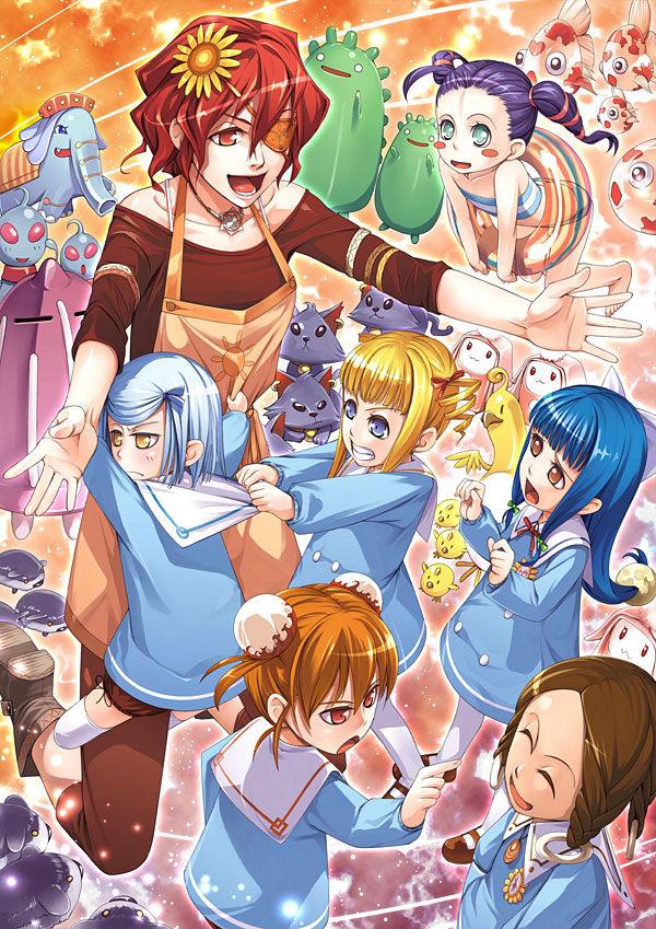 benimura karu, karukaru, light blue hair, 6+girls, animal, blonde hair, blue eyes, blue hair, blush stickers, braid, brown eyes, brown hair, cat, child, closed eyes, clothes pull, double bun, drill hair, elephant, eyepatch, fish, flower, green eyes, hair bun, hair flower, hair ornament, hair ribbon, hug, kindergarten, kindergarten teacher, kindergarten uniform, laughing, multiple girls, open mouth, orange hair, pointing, purple hair, red eyes, ribbon, shirt pull, smile, threatening, twin braids, twin drills, twintails, yellow eyes
