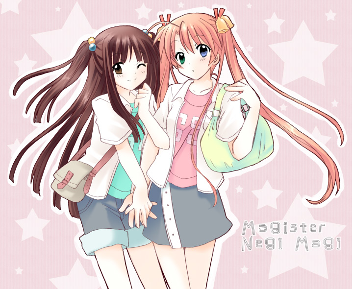 yuuma (omaeno meinichi), kagurazaka asuna, konoe konoka, mahou sensei negima!, 00s, 2girls, ;), bell, blue eyes, brown eyes, brown hair, copyright name, green eyes, hair bell, hair bobbles, hair ornament, heterochromia, jacket, long hair, multiple girls, one eye closed, open clothes, open jacket, open mouth, skirt, smile, twintails, yuri