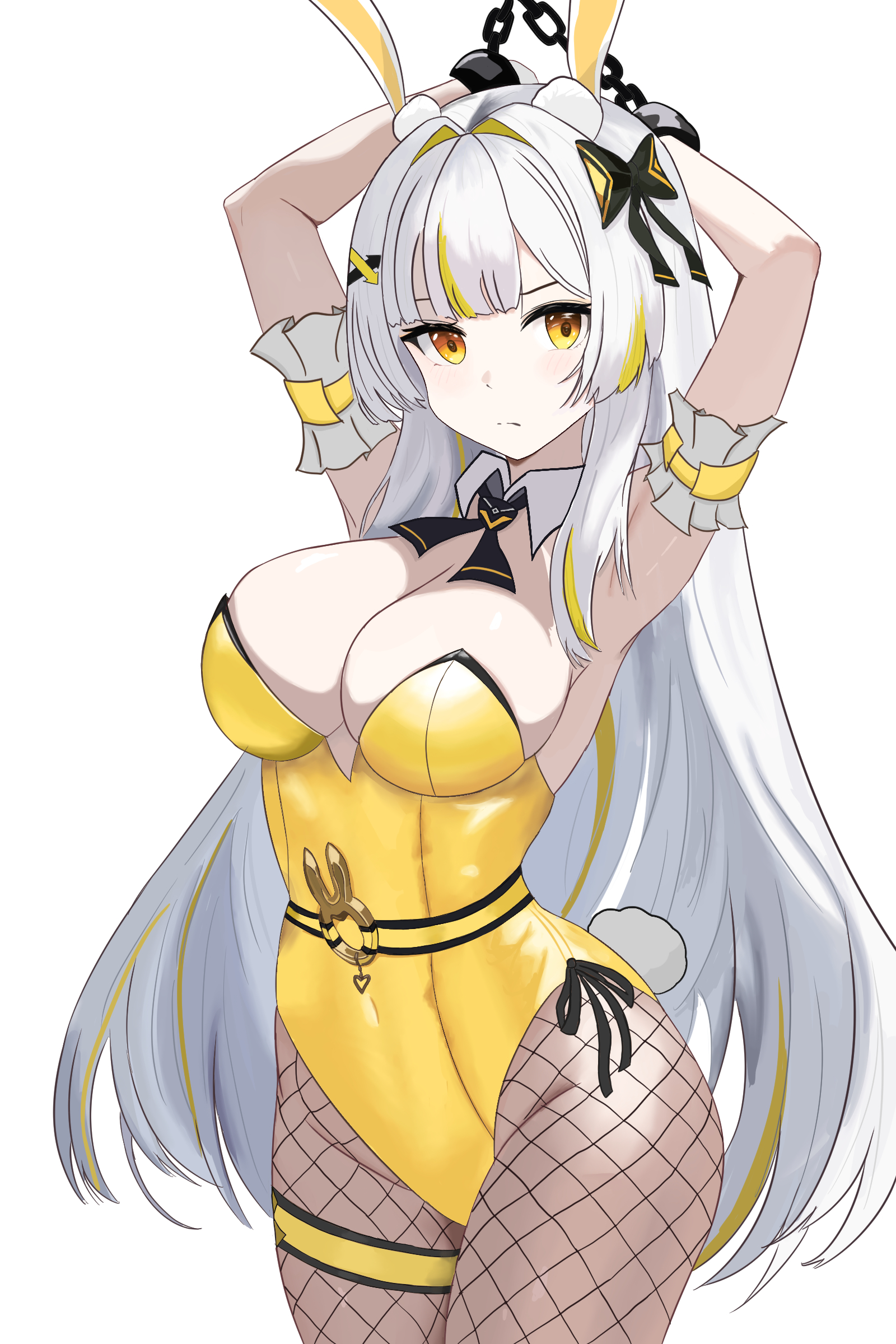 minami rio, black survival, eternal return: black survival, absurdres, highres, 1girl, animal ear hairband, animal ears, breasts, chain, fake animal ears, hairband, large breasts, leotard, looking at viewer, minami rio (winning shot), pantyhose, playboy bunny, rabbit ear hairband, rabbit ears, rabbit girl, simple background, thighs, user kmkf8252, white background, white hair, yellow eyes, yellow leotard