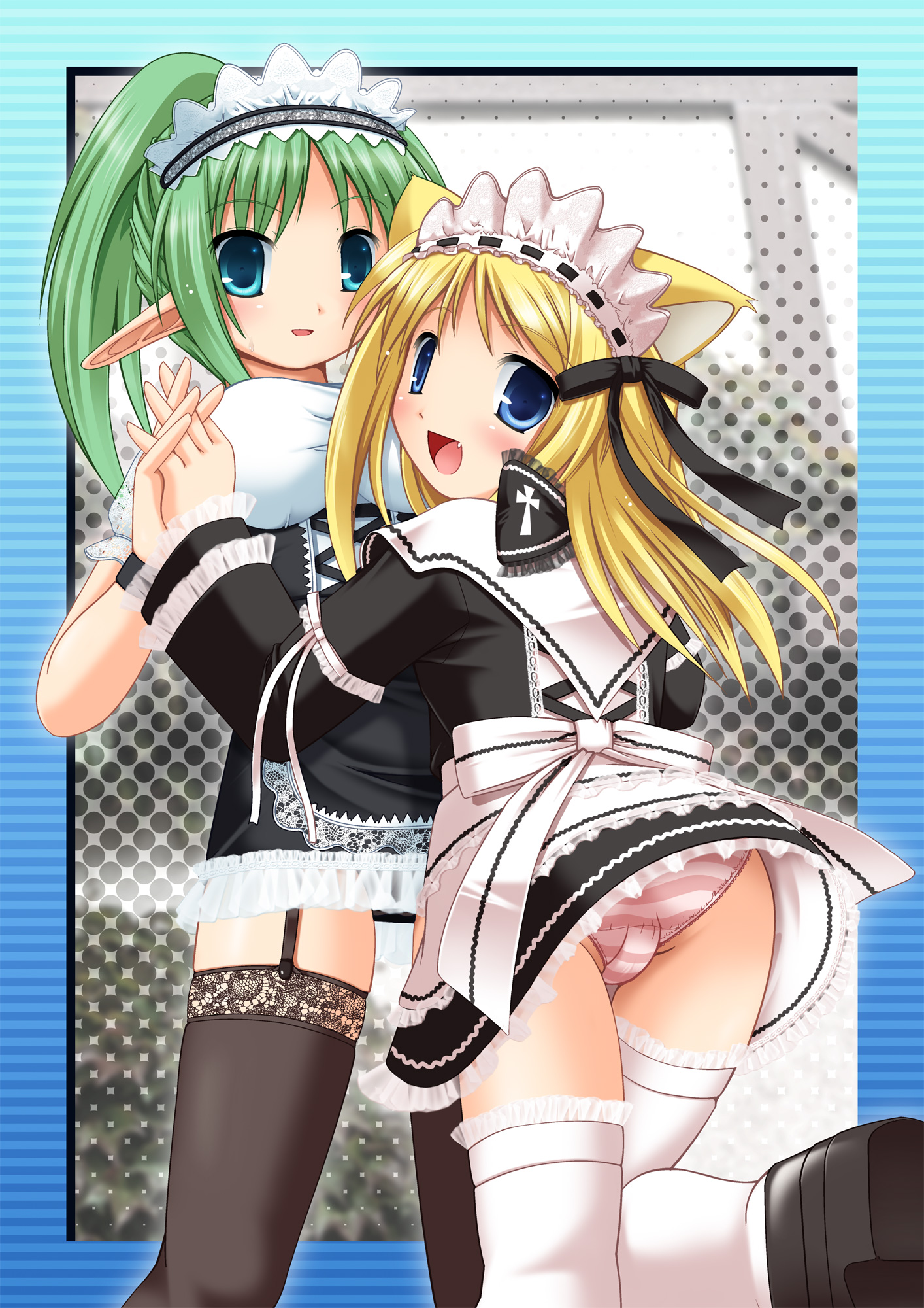 kanna hisashi, miminazori, frilled legwear, highres, 2girls, animal ears, apron, ass, back, black dress, blonde hair, blue eyes, cat ears, dress, elf, fang, frills, green hair, hair ribbon, holding hands, interlocked fingers, leg lift, looking back, maid, maid apron, maid headdress, multiple girls, panties, pantyshot, pink panties, pointy ears, ribbon, standing, striped clothes, striped panties, thigh gap, thighhighs, thighs, underwear, upskirt, white panties, white thighhighs