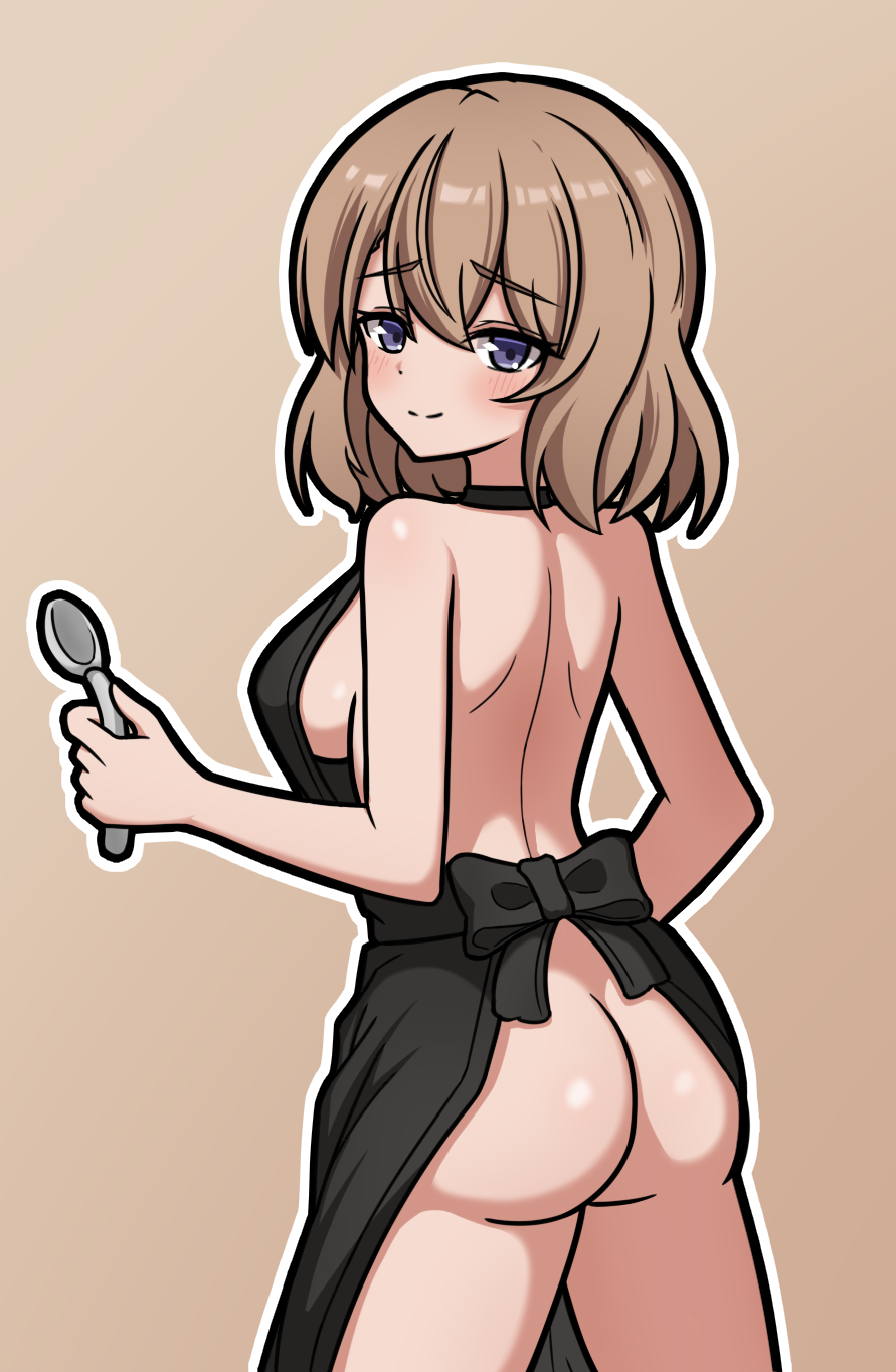 baiyi, z23 (azur lane), azur lane, commentary request, highres, 1girl, apron, ass, blush, breasts, brown background, brown hair, closed mouth, cowboy shot, from behind, hair between eyes, holding, holding spoon, looking at viewer, looking back, medium breasts, naked apron, outline, purple eyes, sideboob, simple background, smile, solo, spoon, standing, white outline