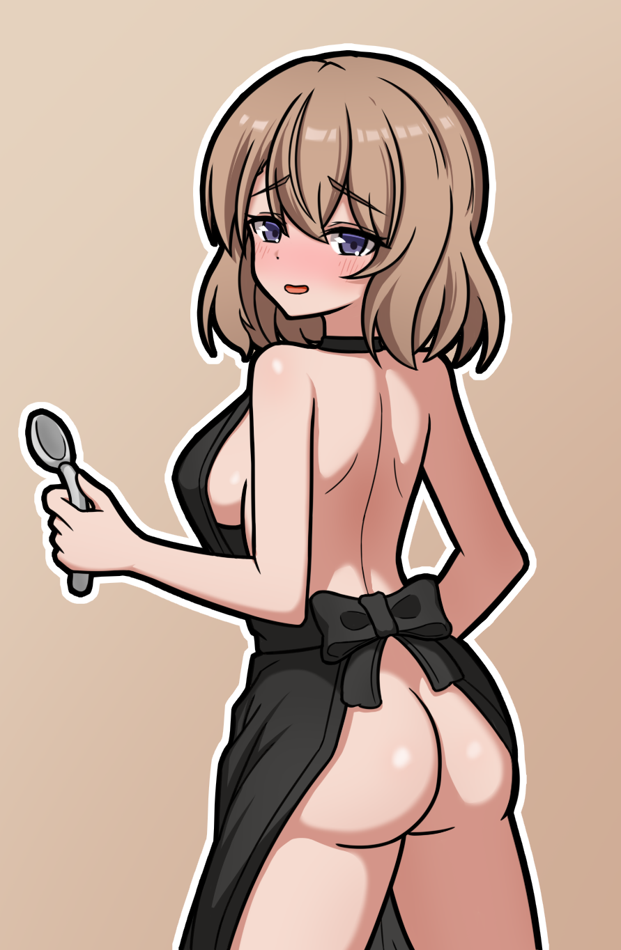 baiyi, z23 (azur lane), azur lane, highres, 1girl, apron, ass, blush, breasts, brown background, brown hair, cowboy shot, from behind, hair between eyes, holding, holding spoon, looking at viewer, looking back, medium breasts, naked apron, nose blush, open mouth, outline, purple eyes, sideboob, simple background, solo, spoon, standing, white outline