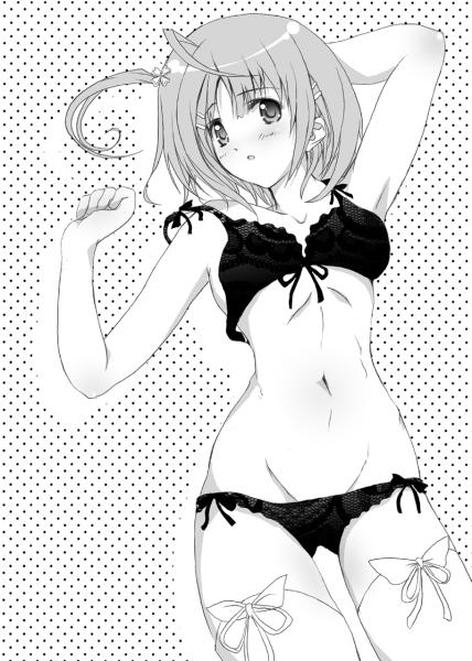 1girl, bra, female focus, greyscale, lingerie, monochrome, panties, solo, thighhighs, underwear, underwear only