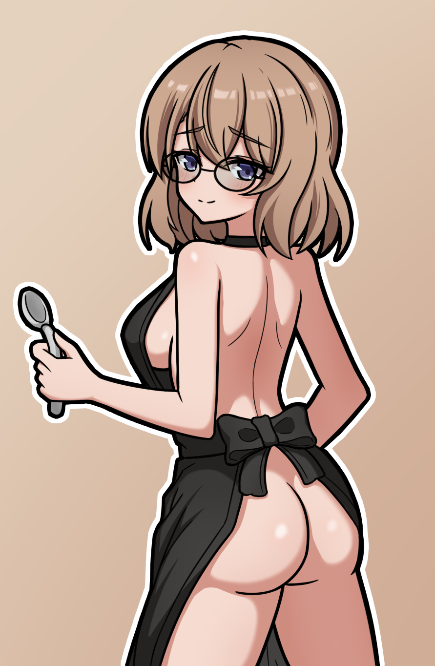 baiyi, z23 (azur lane), azur lane, highres, 1girl, apron, ass, black-framed eyewear, blush, breasts, brown background, brown hair, closed mouth, cowboy shot, from behind, glasses, hair between eyes, holding, holding spoon, looking at viewer, looking back, medium breasts, naked apron, outline, purple eyes, sideboob, simple background, smile, solo, spoon, standing, white outline