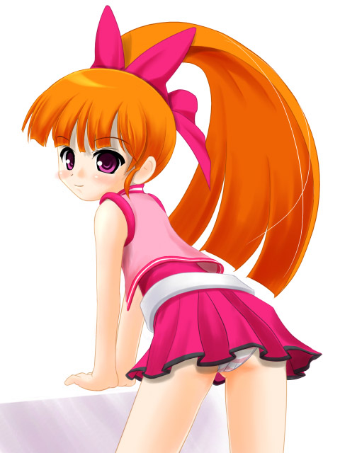 katsuragi niya, akazutsumi momoko, hyper blossom, powerpuff girls, powerpuff girls z, 00s, 1girl, arm support, blush, bow, dress, female focus, hair bow, jacket, leaning forward, loli, long hair, panties, pantyshot, pink bow, pink dress, pink eyes, pink panties, pink skirt, pink theme, pleated dress, red hair, skirt, solo, standing, striped clothes, striped panties, underwear