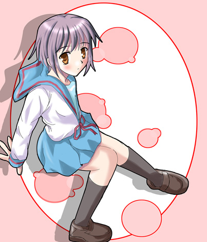 hiiragi tomoka, nagato yuki, suzumiya haruhi no yuuutsu, lowres, 00s, 1girl, female focus, school uniform, serafuku, solo