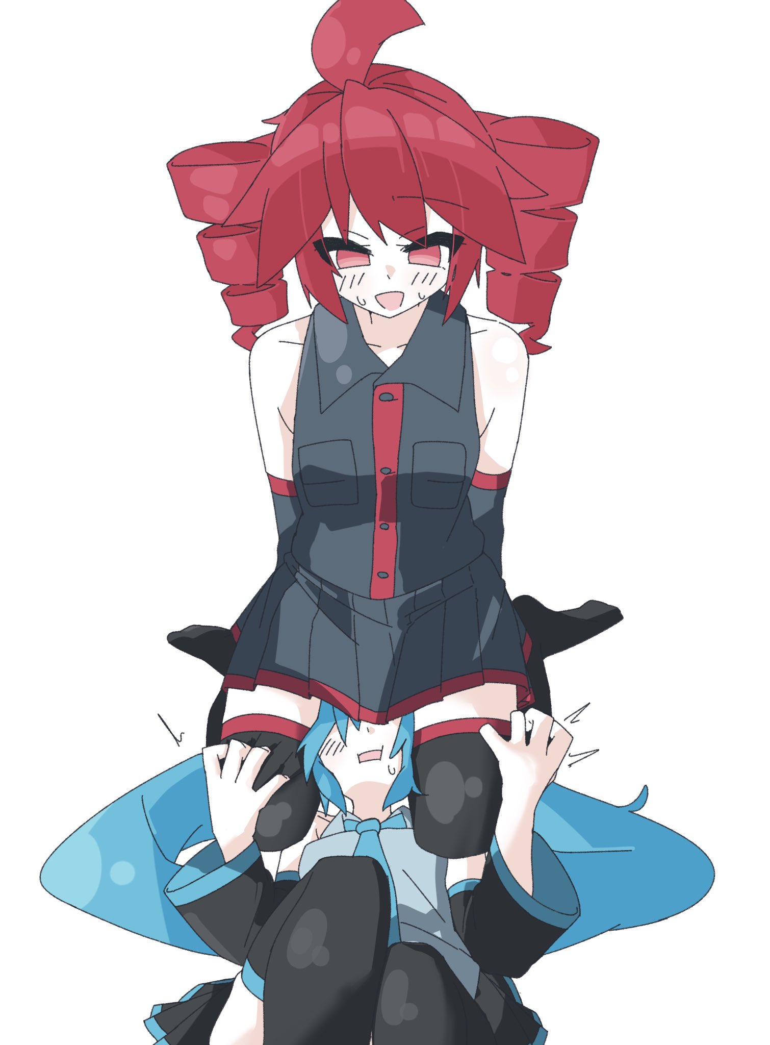 hatsune miku, kasane teto, kasane teto (utau), utau, vocaloid, highres, 2girls, ^^^, ahoge, bare shoulders, between breasts, between thighs, black shirt, black skirt, black thighhighs, blue hair, blush, breasts, detached sleeves, drill hair, head between breasts, long hair, multiple girls, open mouth, red eyes, red hair, shirt, short hair, simple background, sitting, sitting on face, sitting on person, skirt, sleeveless, sleeveless shirt, sweatdrop, t2e1o1, thighhighs, twin drills, twintails, white background