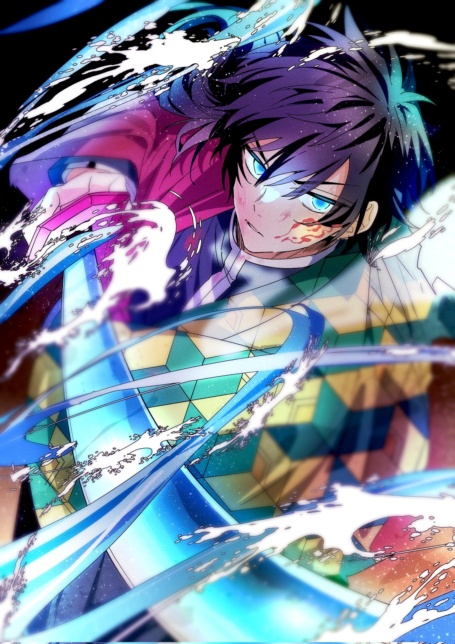 tomioka giyuu, kimetsu no yaiba, highres, 1boy, black background, black hair, black jacket, black pants, blue eyes, demon slayer uniform, hair between eyes, half-closed eyes, haori, holding, holding sword, holding weapon, jacket, japanese clothes, katana, looking at viewer, low ponytail, male focus, pants, parted lips, ponytail, solo, spiked hair, sword, teeth, upper body, water, wb w24, weapon