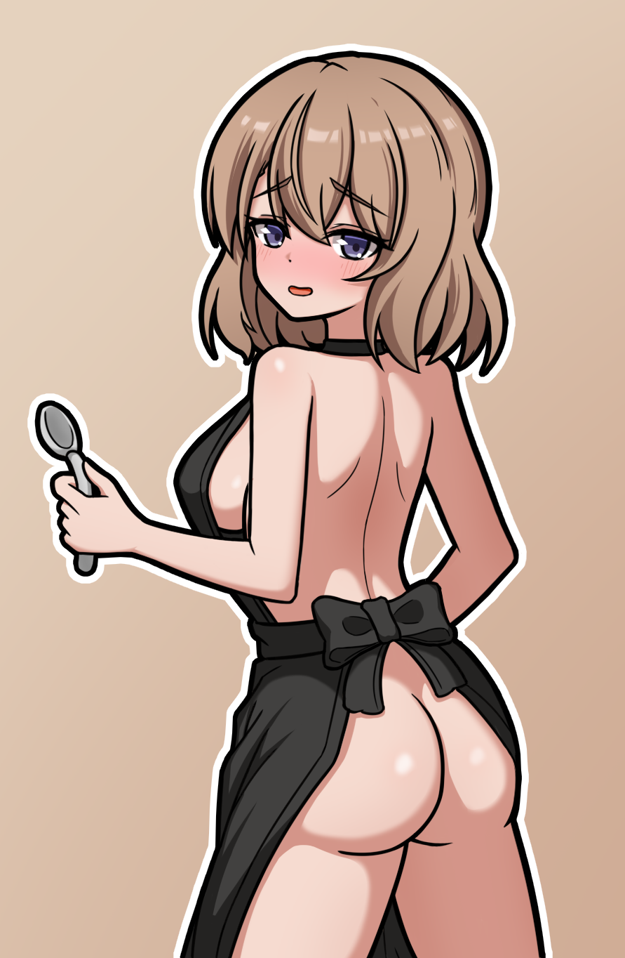 baiyi, z23 (azur lane), azur lane, highres, revision, 1girl, apron, ass, blush, breasts, brown background, brown hair, cowboy shot, from behind, hair between eyes, holding, holding spoon, looking at viewer, looking back, medium breasts, naked apron, nose blush, open mouth, outline, purple eyes, sideboob, simple background, solo, spoon, standing, white outline