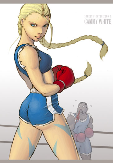 balrog (street fighter), cammy white, capcom, street fighter, street fighter zero (series), 1boy, 1girl, ass, blonde hair, blood, blue eyes, boxing, boxing gloves, boxing ring, braid, cosplay, crop top, dark-skinned male, dark skin, gradient background, long hair, looking at viewer, nosebleed, serious, short hair, short shorts, shorts, simple background, solo focus, twin braids