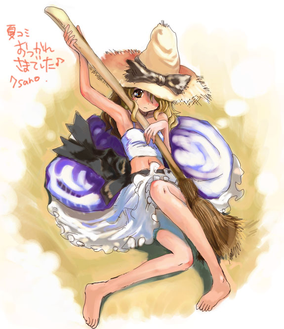 nanami sano, kirisame marisa, touhou, 1girl, armpits, barefoot, broom, camisole, feet, female focus, flat chest, full body, hair over one eye, hat, navel, skirt, solo, straw hat, witch hat