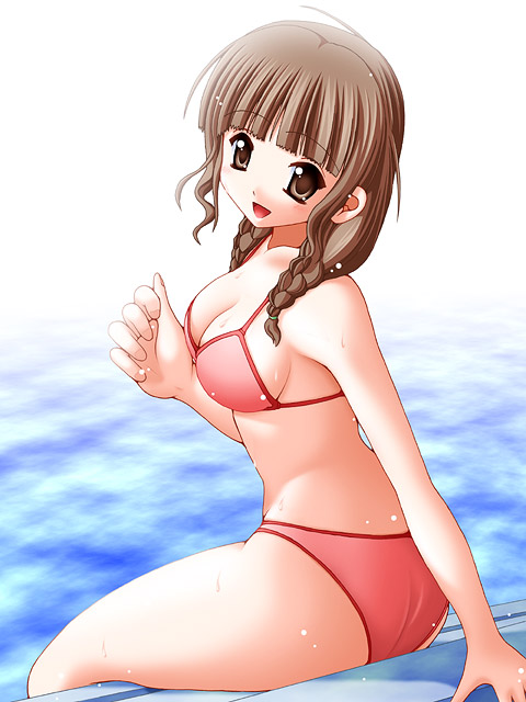 keito, mizusawa mao, kimi kiss, 1girl, :d, bikini, braid, breasts, brown eyes, brown hair, cleavage, female focus, long hair, looking at viewer, looking back, open mouth, red bikini, sitting, smile, solo, swimsuit, twin braids, water, wet