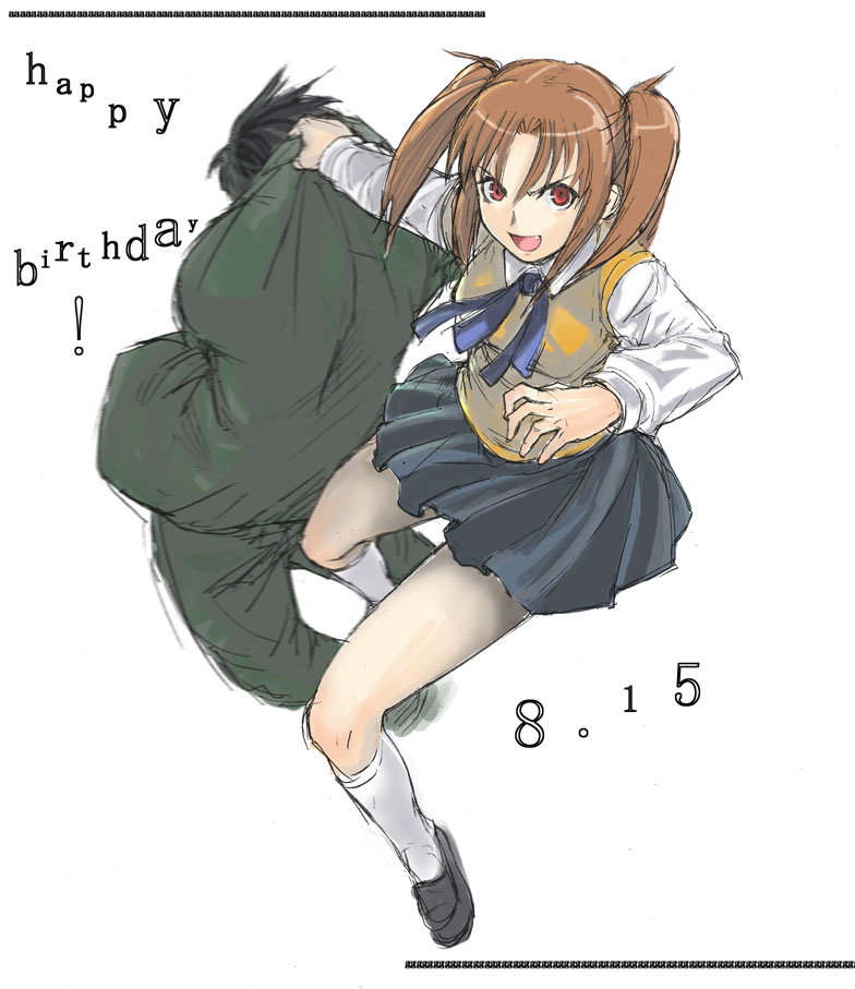 tetsu (kimuchi), yumizuka satsuki, tsukihime, 00s, 1girl, birthday, fang, female focus, kneehighs, school uniform, serafuku, socks, solo, sweater, sweater vest, twintails, two side up, vest