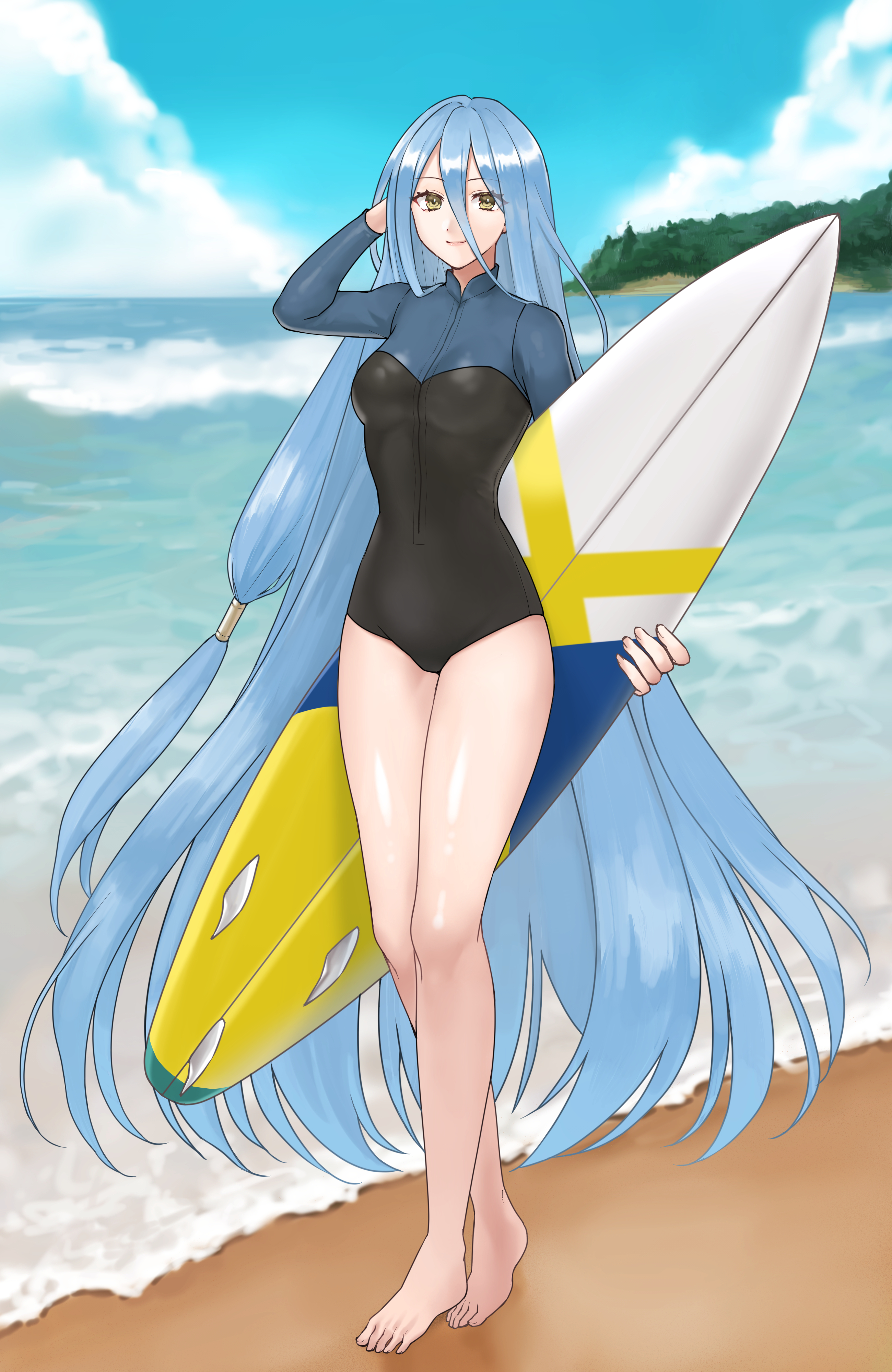hazuki (nyorosuke), azura (fire emblem), fire emblem, fire emblem fates, nintendo, absurdres, commission, highres, 1girl, alternate costume, barefoot, beach, blue hair, blue sky, breasts, cloud, contemporary, hair between eyes, holding, holding surfboard, long hair, long sleeves, medium breasts, ocean, one-piece swimsuit, outdoors, sand, sky, smile, solo, surfboard, swimsuit, toes, very long hair, water, yellow eyes
