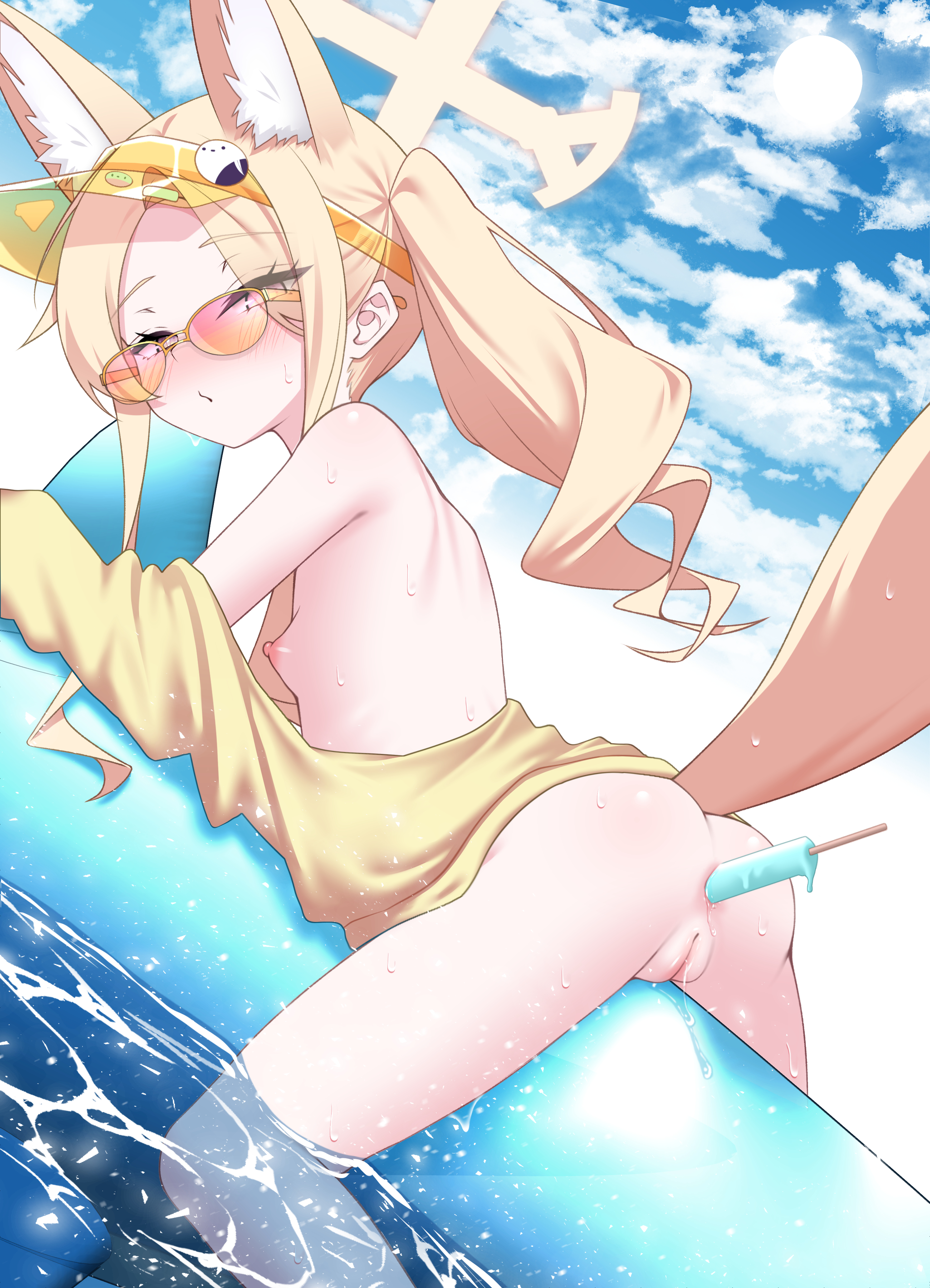 otakummm, seia (blue archive), seia (swimsuit) (blue archive), blue archive, absurdres, commentary request, highres, variant set, 1girl, alternate hairstyle, anal, anal object insertion, animal ear fluff, animal ears, ass, blonde hair, breasts, cleft of venus, cloud, extra ears, food, fox ears, halo, long hair, nipples, object insertion, popsicle, pussy, sky, small breasts, solo, sunglasses, tail, tinted eyewear, twintails, uncensored, visor cap, water