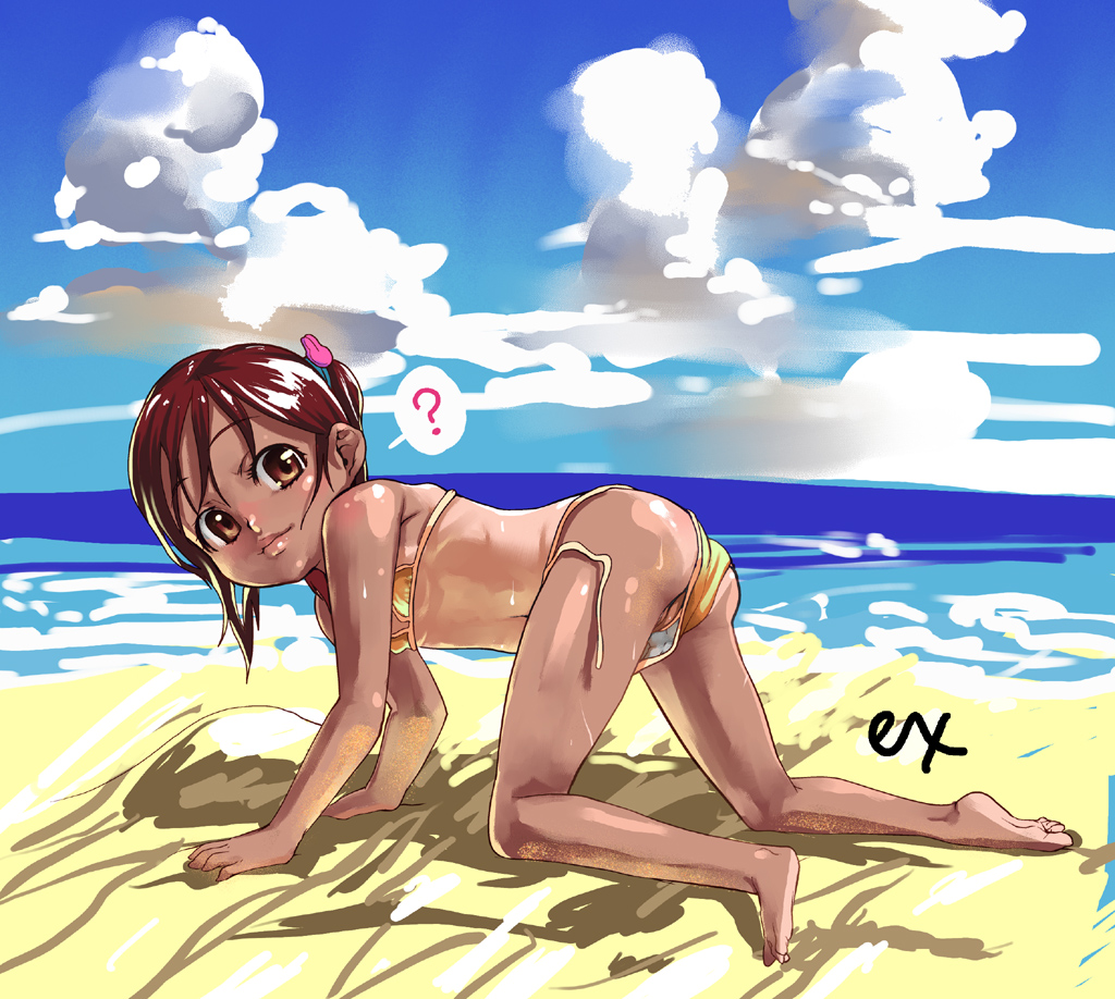 mizu, original, 1girl, all fours, beach, bikini, day, female focus, loli, looking back, loose bikini, loose clothes, ocean, outdoors, pussy, pussy peek, solo, swimsuit, tan, uncensored, water