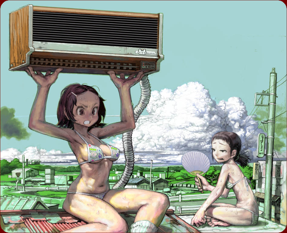 kawaguchi youhei, original, white legwear, 2girls, air conditioner, bad anatomy, bad hands, barefoot, bikini, breasts, brown eyes, brown hair, cloud, corrugated galvanized iron sheet, cumulonimbus cloud, day, hair ornament, hairclip, hand fan, hot, indian style, large breasts, man hands, medium breasts, multiple girls, navel, outdoors, paper fan, ponytail, poorly drawn, power lines, print bikini, road, rooftop, rounded corners, scenery, short hair, sitting, socks, soles, string bikini, striped bikini, striped clothes, sweat, swimsuit, traffic light, tree, uchiwa, utility pole, v-shaped eyebrows, village